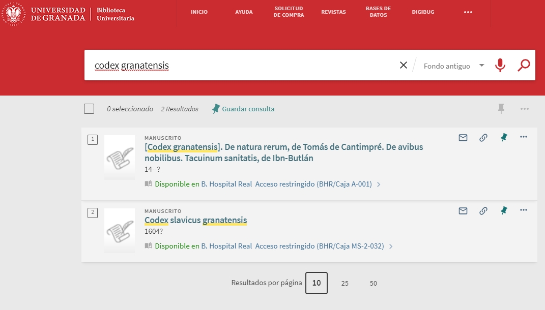 Captura de pantalla catálogo Granatensis
