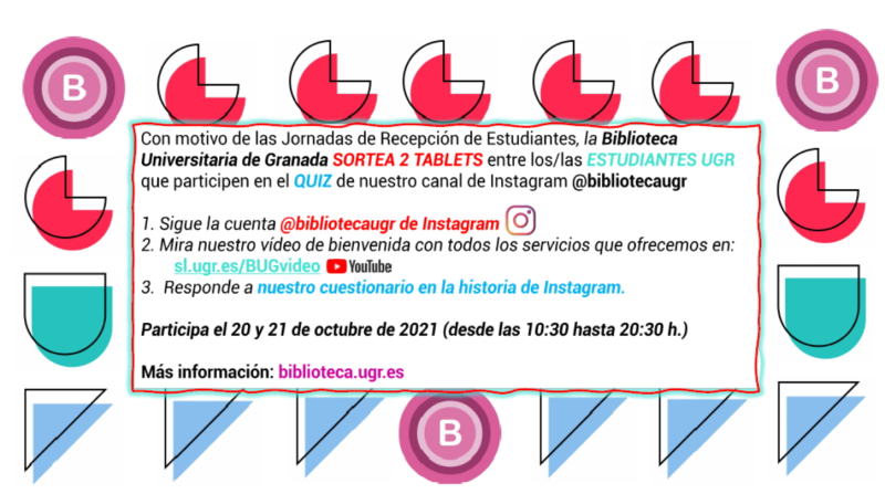Cartel Quiz Para participar cada usuario deberá realizar los siguientes pasos: 1. Seguir la cuenta @bibliotecaugr de instagram 2. Mira nuestro vídeo de bienvenida con todos los servicios que ofrecemos 3. Responde a nuestro cuestionario en la historia de instagram.