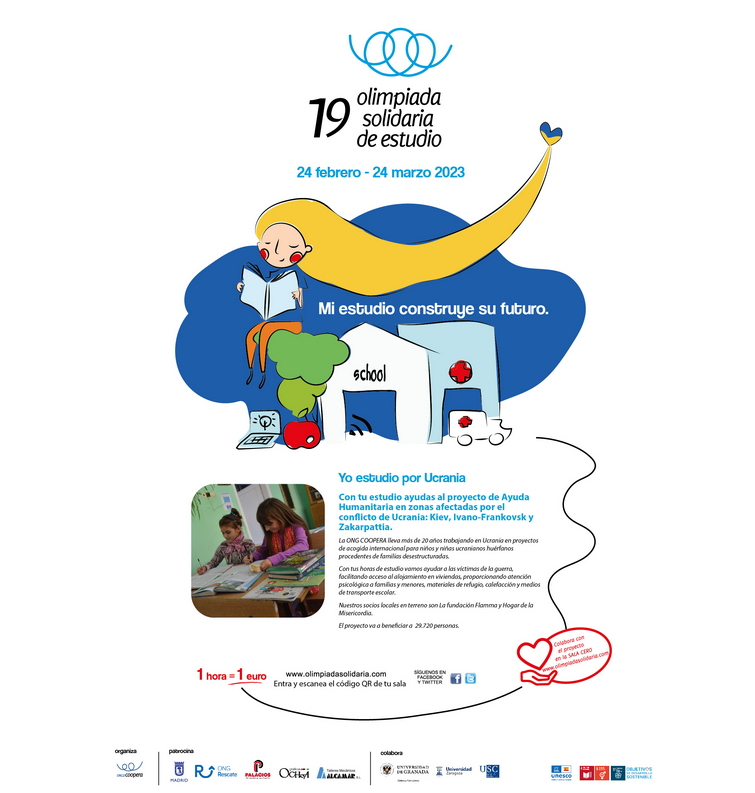 Olimpiada Solidaria Cartel con texto, dibujos y dos niños estudiando