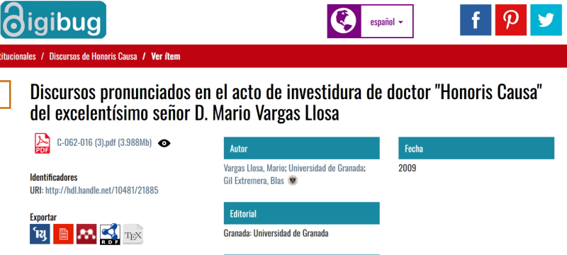 Recordando a Mario Vargas Llosa. Discurso en el Acto de Investidura como Doctor Honoris Causa Recordando a Mario Vargas Llosa. Discurso en el Acto de Investidura como Doctor Honoris Causa